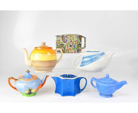 Six teapots of stylised form, to include an Art Deco coloured Bewley pottery example with banded decoration, a Barker Brother