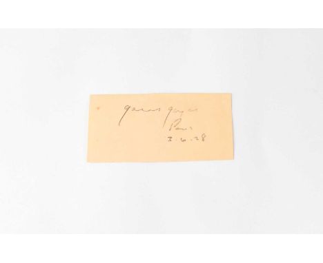 JAMES JOYCE; a small page torn from an autograph album signed James Joyce, Paris, 3.6.28.Condition Report: - We have not auth