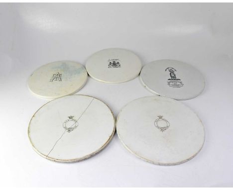 W. &amp; T. AVERY LTD; five ceramic scale plates with various coats of arms and makers' logos, diameter of largest 32.5cm (af
