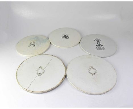 W. &amp; T. AVERY LTD; five ceramic scale plates with various coats of arms and makers' logos, diameter of largest 32.5cm (af