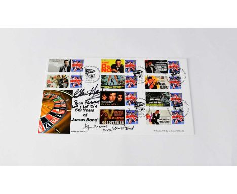 JAMES BOND 007; a first day cover for the 50th anniversary of James Bond, signed by Roger Moore and Gloria Hendry (Rosie Carv