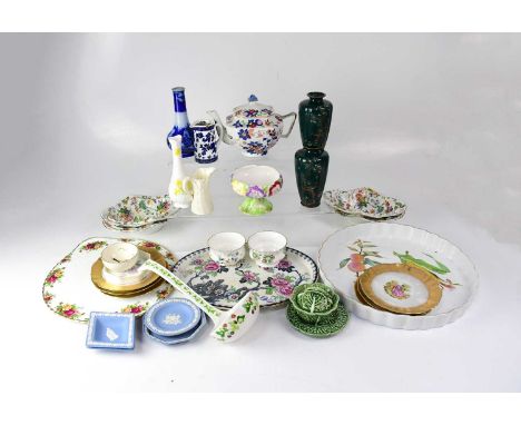 A mixed lot of ceramics to include a large blue and white meat plate, flan dishes, a set of six transfer decorated shaped dis