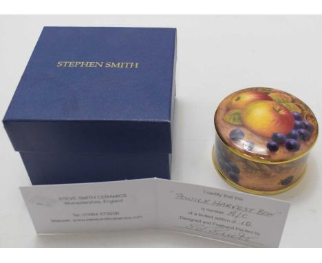 STEVE SMITH CERAMICS; a boxed free-hand painted miniature ceramic lidded circular box, 'Powick Harvest Box', limited edition 