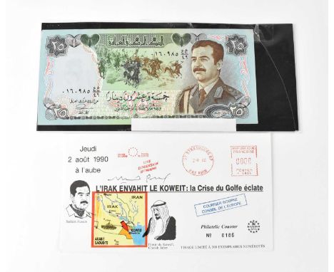 SADDAM HUSSEIN; a first day cover bearing the leader's signature and a bank note 'Saddam Dinar' (2).Condition Report: - We ha