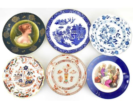 Six various 19th and early 20th century plates to include a Meissen-style onion pattern shallow bowl, crossed swords mark to 