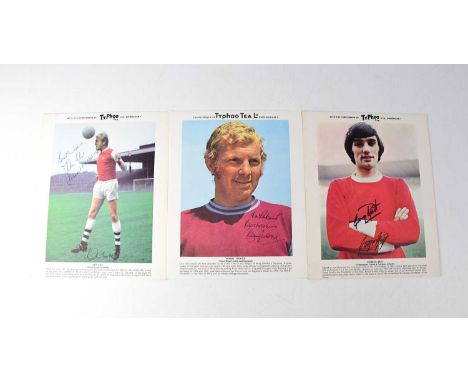 Six Typhoo Tea signed collectors' cards, comprising two Bobby Moore, Bobby Charlton, George Best, Dennis Law and Ian Ure (6).