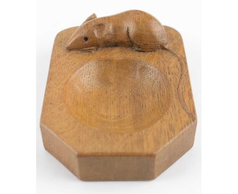 WORKSHOP OF ROBERT 'MOUSEMAN' THOMPSON; an oak carved pin dish with signature carved mouse to the edge, 10.5 x 8cm.