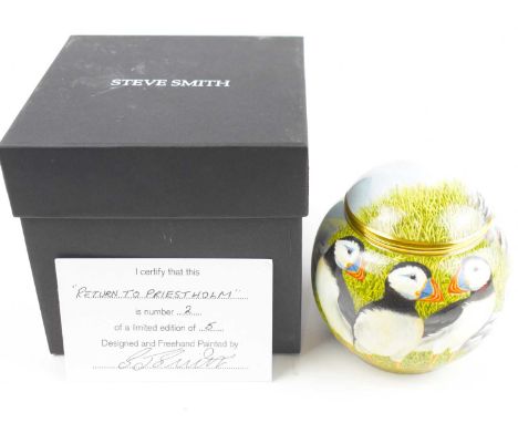 STEVE SMITH CERAMICS; a boxed free-hand painted miniature ceramic lidded circular box, 'Return to Priestholm', limited editio