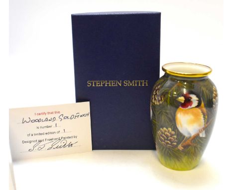 STEVE SMITH CERAMICS; a boxed free-hand painted miniature ceramic vase, 'Woodland Goldfinch', limited edition 1/1, signed, ma