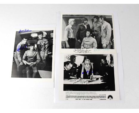 STAR TREK; two black and white stills from 'Star Trek The Motion Picture' signed by William Shatner, Leonard Nimoy, Deforest 