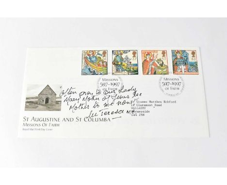 MOTHER THERESA OF CALCUTTA; a first day cover, signed and dedicated, 'Often pray to Our Lady Mary Mother of Jesus be mother t