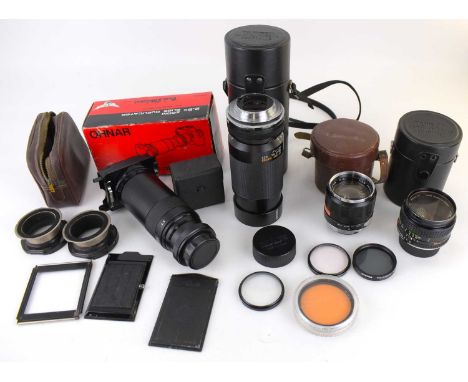 Various camera lenses to include a Tamron 1:3.8 1:4/210 80-210mm, CF Tele Macro, in case, a Mamiya 1:3.5 f=100mm no.482165, i