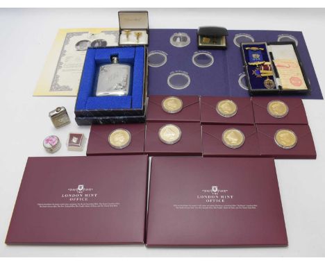 Various mixed collectibles to include cufflinks, two Masonic Buffalo medals, a boxed pewter hip flask, a silver plated vesta 