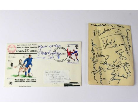 BUSBY BABES; a torn page from an autograph book bearing signatures to include Bill Foulkes, Bobby Charlton, Ian Greaves Dunca