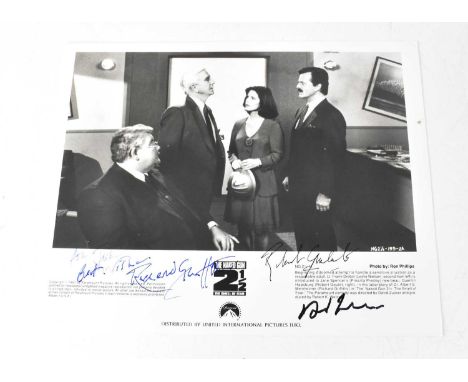 NAKED GUN 2 1/2; a black and white promotional photograph bearing the signatures of Richard Griffiths, Leslie Nielsen and Rob