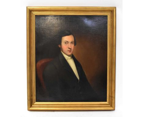 19TH CENTURY ENGLISH SCHOOL; oil on canvas, half portrait of a gentleman wearing a suit, unsigned, 75 x 62cm, framed (re-line