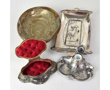 An Art Nouveau silver plated tray of rectangular form, stamped 'A Jobin of Neuchatel', the centre depicting an Arts and Craft