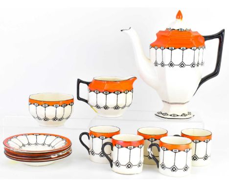 BURSLEY WARE; a thirteen-piece Art Deco coffee set, with repeating black printed pattern with orange border, comprising coffe