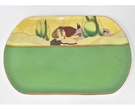 An Art Deco period hand painted oval plate depicting two ladies on a country path, with woodland behind, stamped 'Arcadia' to