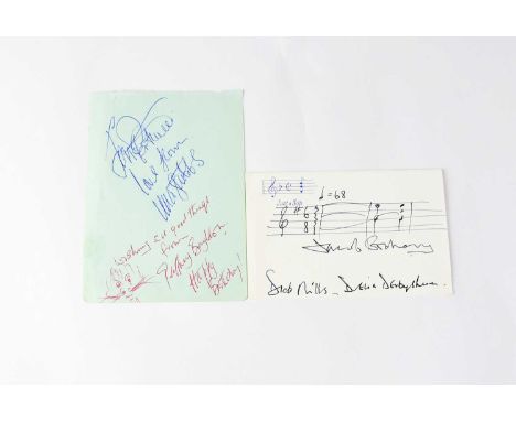DOCTOR WHO; a note card signed and with musical notation, Delia Derbyshire, and Dick Mills, also a torn page from an autograp