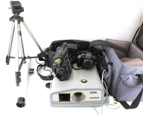 A large quantity of photographic equipment and accessories, to include a Canon E250 8mm video camcorder, a Panasonic FZ45 Lum