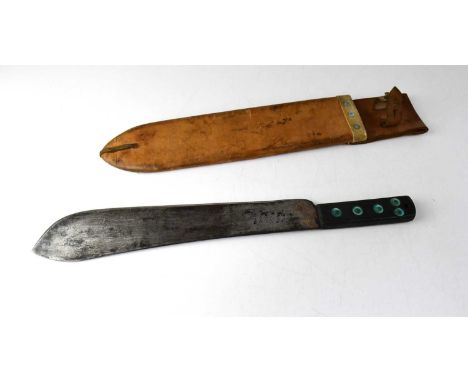 MARTINDALE; a military issued machete, with leather scabbard, stamped with maker's details to one side and further inscribed 