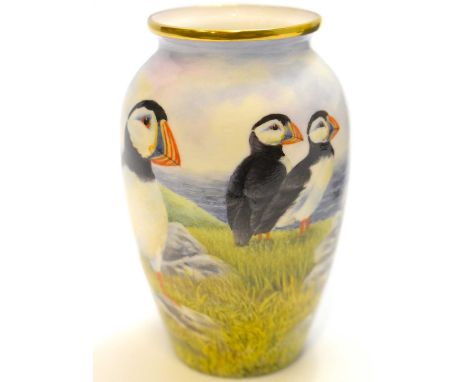 STEVE SMITH CERAMICS; a boxed free-hand painted miniature ceramic vase, 'Puffin Island', limited edition 1/1, signed, marked 