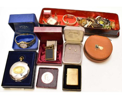 Various items of costume jewellery and collectibles to include a Zippo lighter and a further lighter, earrings, brooches, cuf