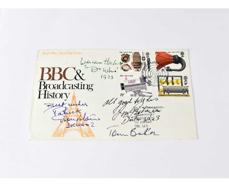 DOCTOR WHO; a first day cover bearing the signatures of four versions of The Doctor, comprising William Hartnell, Patrick Tro