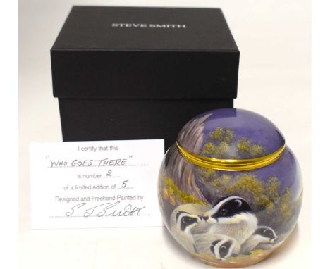 STEVE SMITH CERAMICS; a boxed free-hand painted miniature ceramic lidded circular box, 'Who Goes There?', limited edition 2/5
