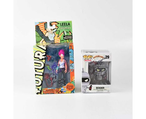 FUTURAMA; two boxed figures, a Funko Pop! no.29 'Bender' vinyl figure, box signed and dedicated, 'Hey! Bite my shiny metal as