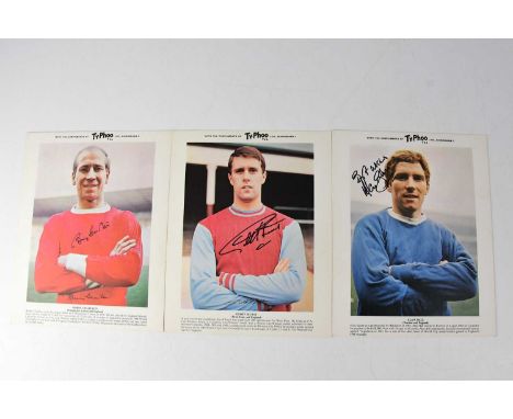 Six Typhoo Tea signed collectors' cards, comprising two Bobby Moore, Geoff Hurst, George Best, Alan Ball, and Bobby Charlton 