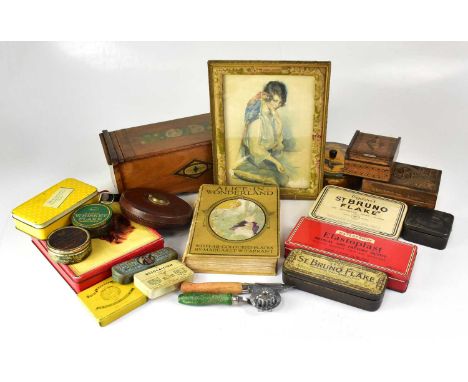 A collectors' lot to include tins, boxes, playing cards, a copy of 'Alice in Wonderland', prints, a wooden box, etc.