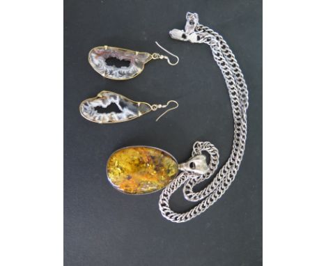 A pair of organic Genome earrings and an amber pendant on silver chain - earrings are 6cm long, pendant 7cm long