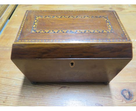 A mahogany and inlaid tea caddy - 19cm x 11cm x 14cm high