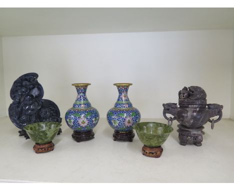 A collection of Oriental artwork to include a pair of jade coloured turned stone bowls, a soap stone censor, a pair of cloiso