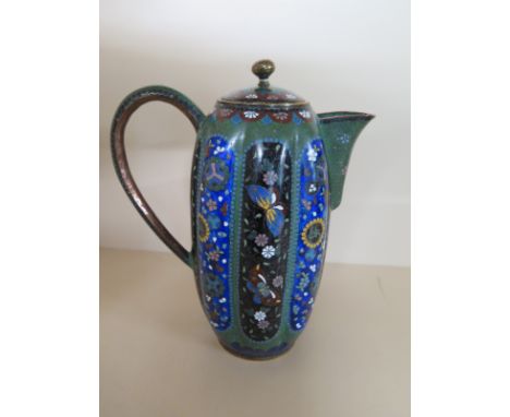 A Chinese cloisonne teapot decorated with insects and floral sprays - 22cm tall x 10cm - chipped to inner spout