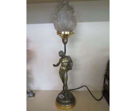 A Victorian Grand Tour cast brass figure of Narcissus adapted to table lamp with flambe glass shade - Height 58cm - working