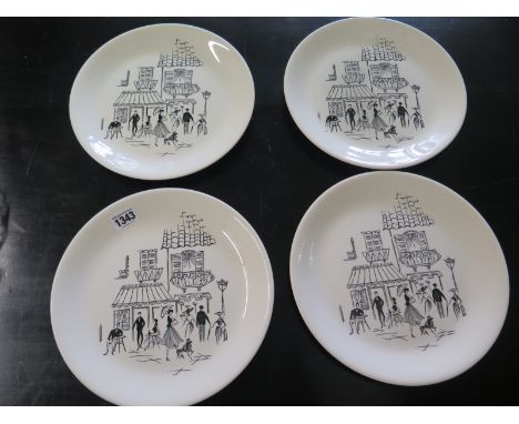 A vintage Alfred Meakin monochrome plates - Pavement cafe scene - 1950/60s - Set of four