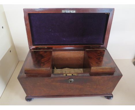 A 19th Century mahogany sarcophagus shaped two section tea caddy - missing centre section -  19cm tall x 35cm wide x 17 deep