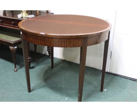 Mahogany demi-lune card table, with brown baize lined playing surface, on square tapering legs, 95cm diameter