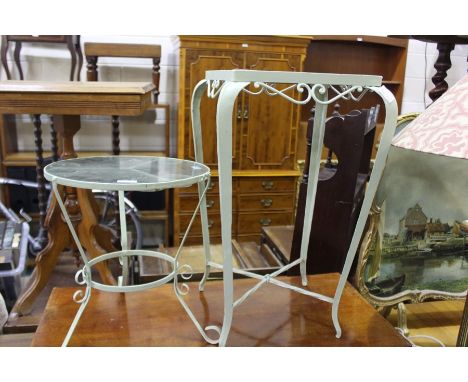 Gilt firescreen with print to the centre, onyx and brass standard lamp, two metal tables/jardiniere stands, iron pricket cand