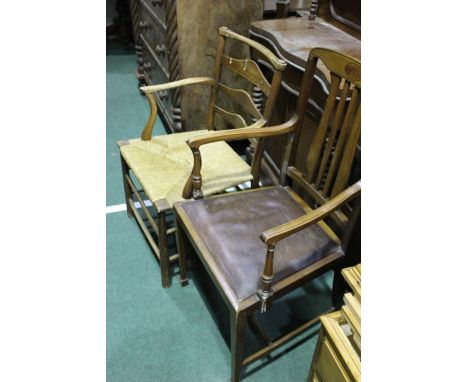 Victorian mahogany dining chair, the  back with inlaid decorations, with a leather seat raised on spade legs,  together with 