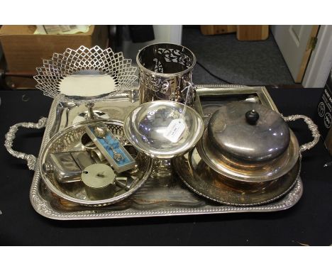 Plated ware to include twin handled tray, bottle holder, pierced bowl, muffin dish and cover, bowl, napkin rings, hip flask, 