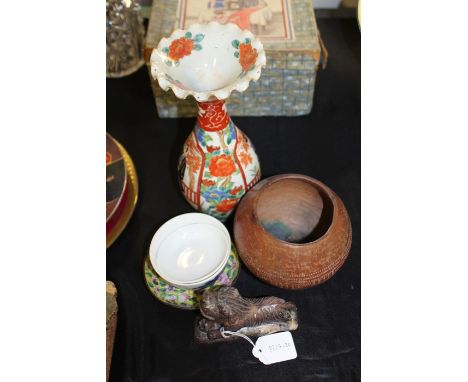 Japanese vase, together with an enamel dish, Chinese soapstone, porcelain cup and cover and a bowl