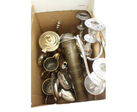 Silver plated wares to include three branch candelabra, four piece tea and coffee set, , dish, table lighter, brass spice gri