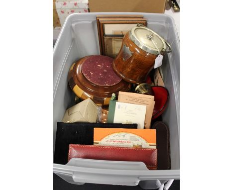 Works of art, to include wooden biscuit barrel and fruit bowl, cased binoculars, cased balance scales, letter embosser, brass