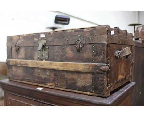 20th Century part leather trunk, with iron bindings, pine banded, 77cm wide