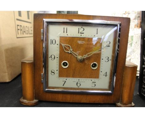 Smiths Art Deco style walnut mantel clock, the silvered dial with Arabic numerals, 24cm wide