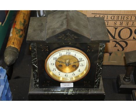 Edwardian slate mantel clock, the triangular pediment above the ivorine dial with Arabic numerals, 22cm wide